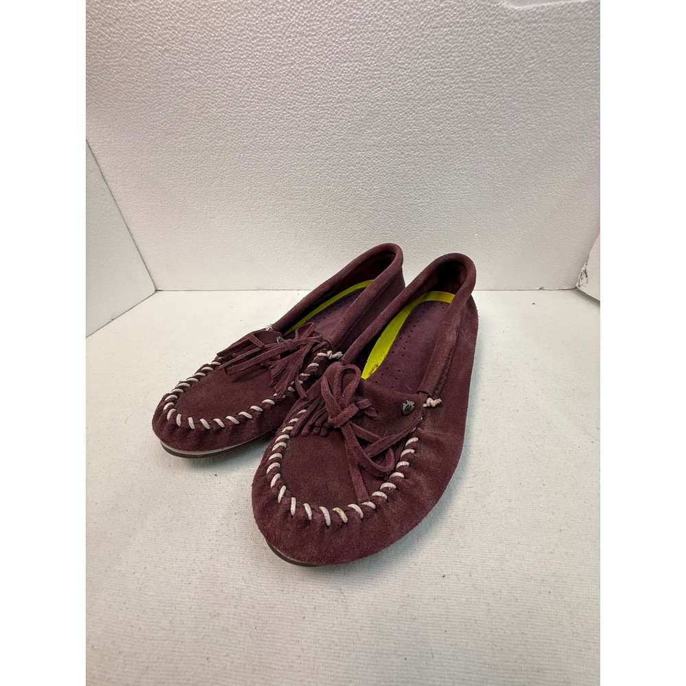 Minnetonka Kilty Moccasin Women 11 Burgundy‎ Suede Fringe Slip On Flats